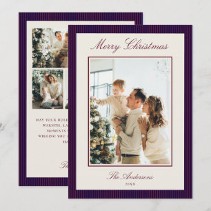 Cartão De Festividades Foto de Natal com Listras Elegantes Burgundy e Azu
