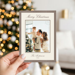Cartão De Festividades Foto de Natal com Listras Marrons Elegantes