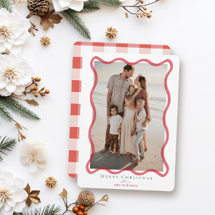 Cartão De Festividades Foto de Natal com Moldura Ondulada Vermelha