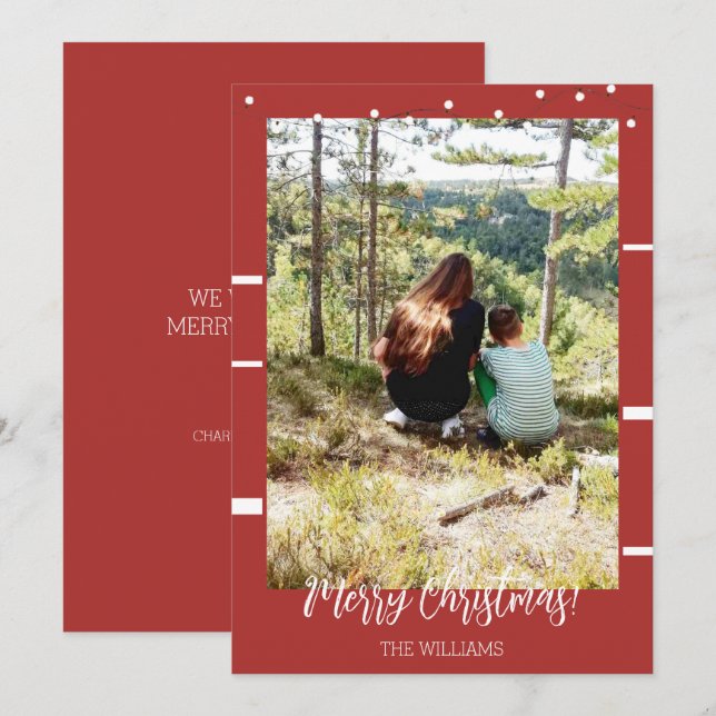 Cartão De Festividades Foto de Natal com Moldura Vermelho Borgonha (Frente/Verso)