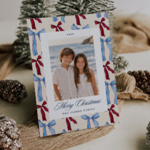 Cartão De Festividades Foto de Natal com Padrão de Laço Americana