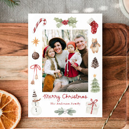 Cartão De Festividades Foto de Natal da Família Alegre em Aquarela Fofa