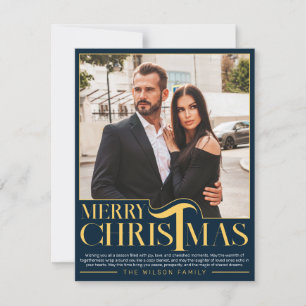 Cartão De Festividades Foto de Natal da Família Azul e Dourado Elegante