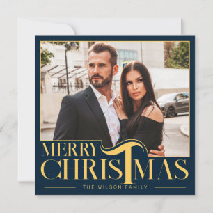 Cartão De Festividades Foto de Natal da Família Azul e Dourado Elegante
