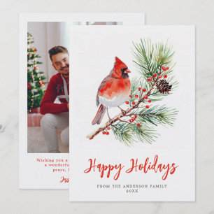 Cartão De Festividades Foto de Natal da Família com Cardinal em Aquarela