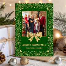 Foto de Natal da Família com Laço Verde e Dourado 