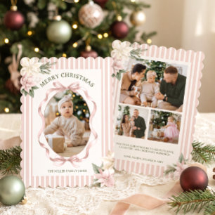 Cartão De Festividades Foto de Natal da Família com Listras Rosa Antigo