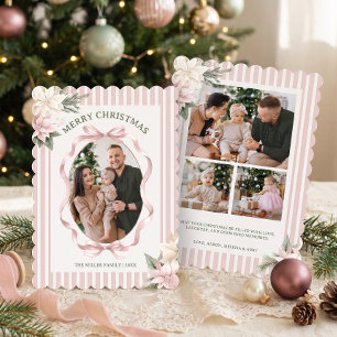 Cartão De Festividades Foto de Natal da Família com Listras Rosa Antigo