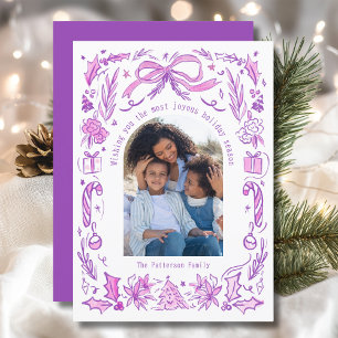 Cartão De Festividades Foto de Natal da Família Coquette Rosa Roxo
