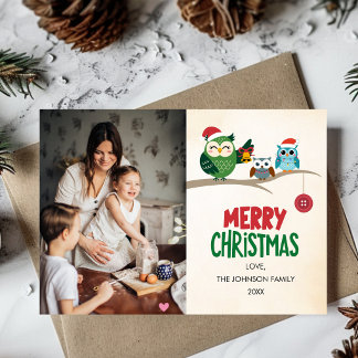 Cartão De Festividades Foto de Natal da Família Corujas Colorido Moderno