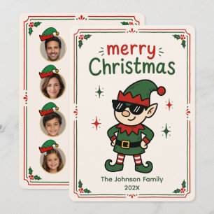Cartão De Festividades Foto de Natal da Família de Elfo Divertida