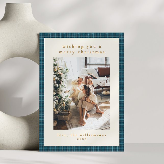 Cartão De Festividades Foto de Natal da Família de Xadrezes Azul Quente D (Criador carregado)