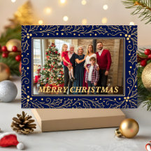 Foto de Natal da Família em Azul Marinho e Dourado