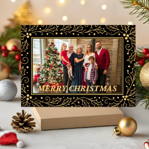 Cartão De Festividades Foto de Natal da Família em Preto e Dourado Antigo