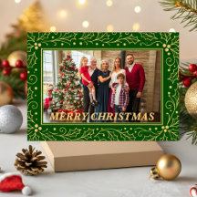 Foto de Natal da Família em Verde e Dourado Antigo