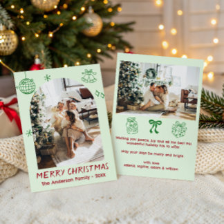 Cartão De Festividades Foto de Natal da Família em Verde e Vermelho Desen