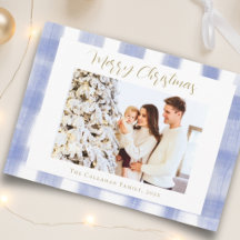 Foto de Natal da Família em Xadrez Gingham Azul Ch