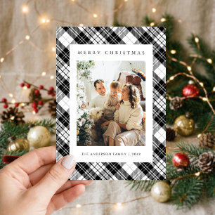 Cartão De Festividades Foto de Natal da Família em Xadrez Preto e Branco