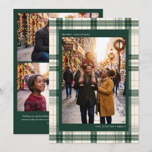 Cartão De Festividades Foto de Natal da Família em Xadrez Verde Merry Chr