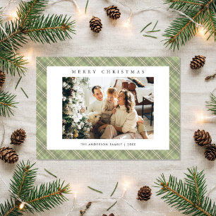 Cartão De Festividades Foto de Natal da Família em Xadrez Verde Oliva Mod