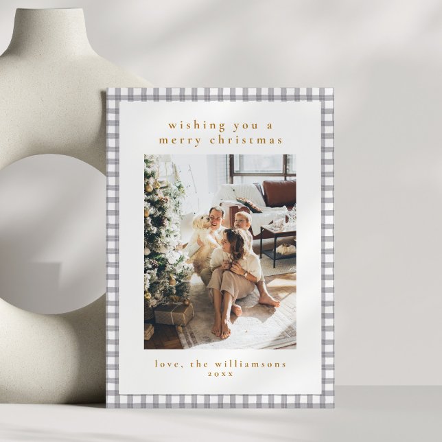 Cartão De Festividades Foto de Natal da Família Gingham, Cinza Desenhada  (Criador carregado)