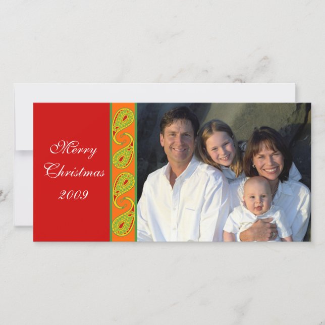 Cartão De Festividades Foto de Natal da Família Green Red Orange Paisley (Frente)