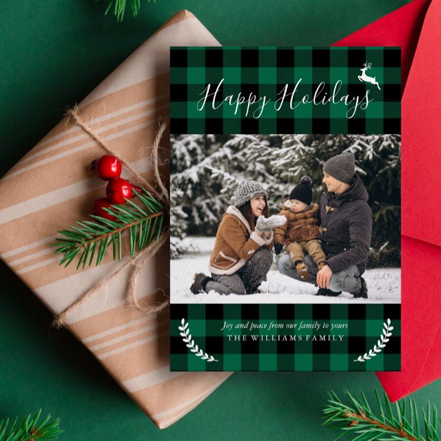 Cartão De Festividades Foto de Natal da família rustic Green Xadrez (Criador carregado)