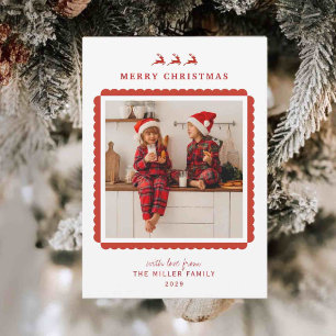 Cartão De Festividades Foto de Natal da fronteira vermelha e branca moder