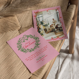 Cartão De Festividades Foto de Natal da Terra Verde Rosa Vermelha Desenha