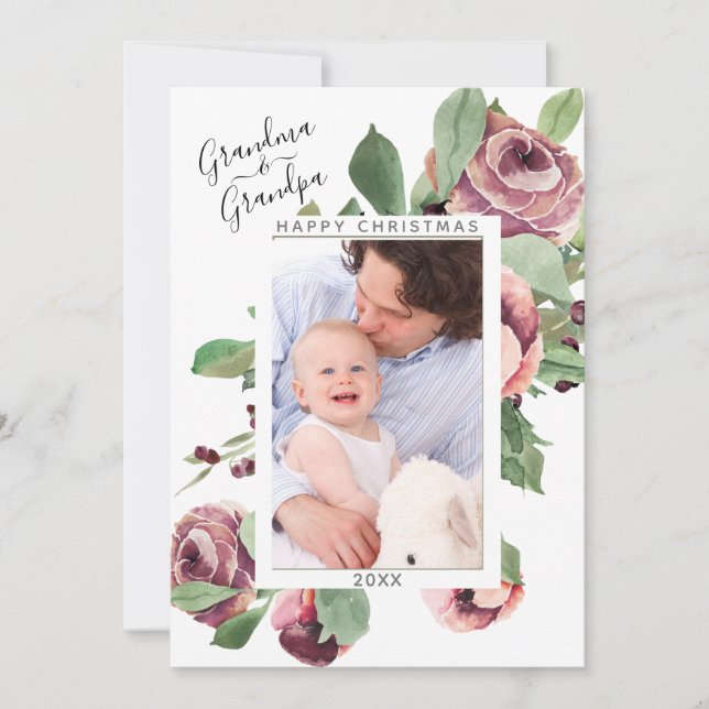 Cartão De Festividades Foto de Natal da Vovó Floral Wreath (Frente)