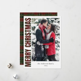 Cartão De Festividades Foto de Natal da Xadrez Verde Vermelha com Tipogra
