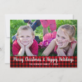 Cartão De Festividades Foto de Natal da Xadrez Vermelha feliz