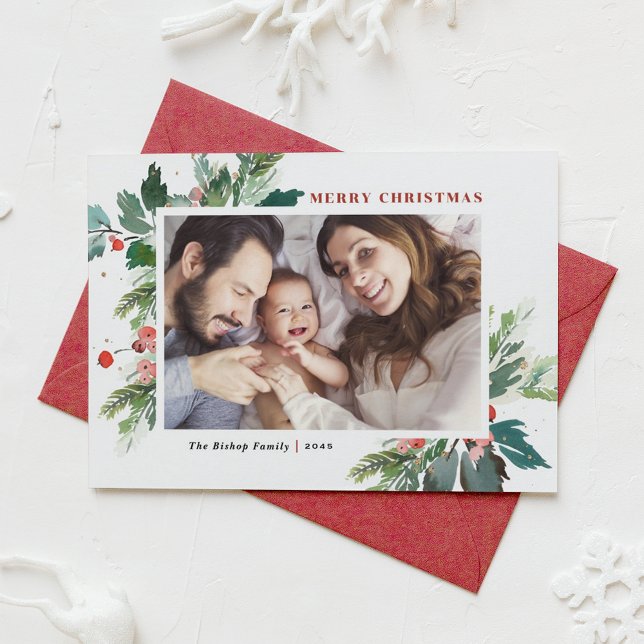 Cartão De Festividades Foto de Natal de Azevinho em Aquarela Feliz Natal (Criador carregado)