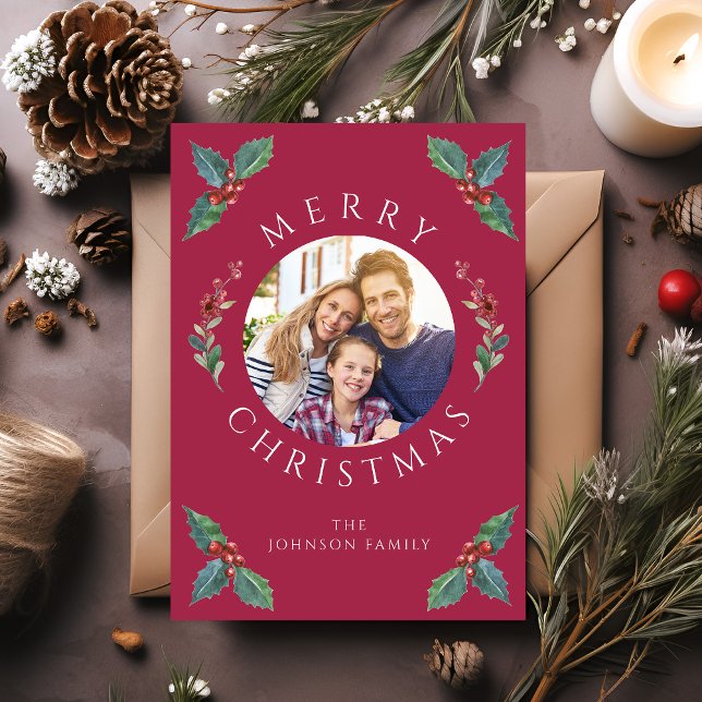Cartão De Festividades Foto de Natal de Botânicos Vermelhos de Inverno Mo (Modern Red Winter Botanicals Christmas Photo Holiday Card)