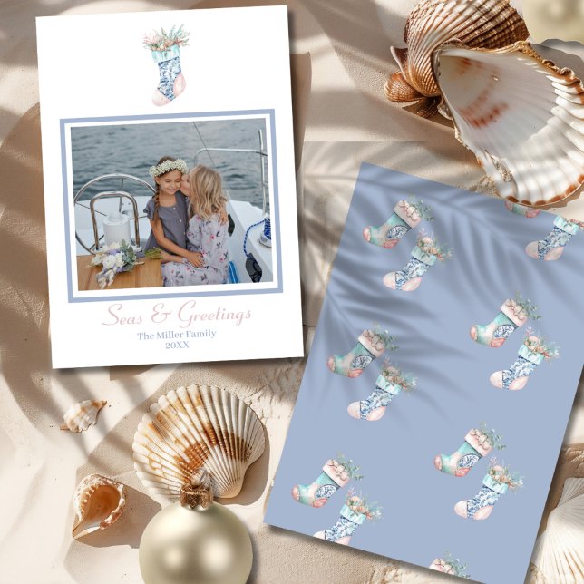 Cartão De Festividades Foto de Natal de Chinoiserie Seashell (Chinoiserie Seashell Christmas Stocking Photo Holiday Card-front and back)