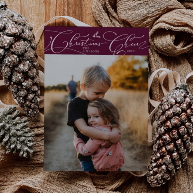 Cartão De Festividades Foto de Natal de Cranberry Script Cheer de Natal (Criador carregado)