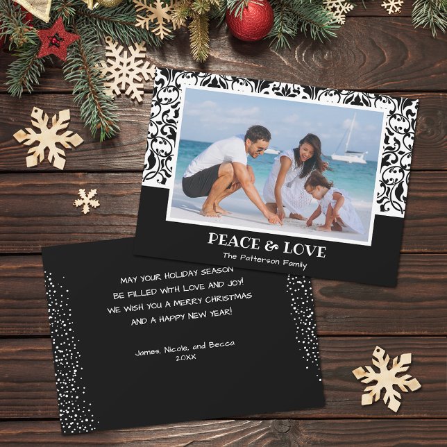 Cartão De Festividades Foto de Natal de Damasco Preto e Branco (Black and white damask design Christmas photo holiday cards, PRINTED and/or INSTANT DOWNLOAD)