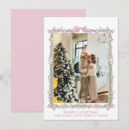 Cartão De Festividades Foto de Natal de Gingham, Arco Verde, cor-de-rosa