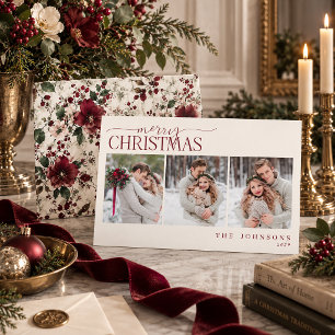 Cartão De Festividades Foto de Natal de Noivos com Floral Burgundy Elegan