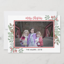 Cartão De Festividades Foto de Natal de Pine & Holly Rustic Red Gingham