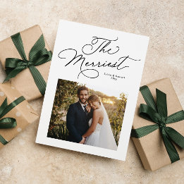 Cartão De Festividades Foto de Natal de recém-casados elegante em preto e