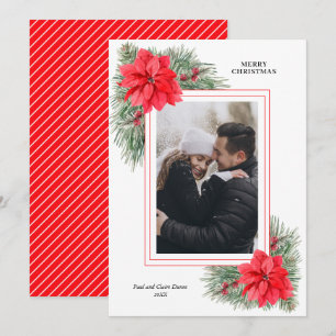 Cartão De Festividades Foto de Natal de Red Poinsettia e Pines