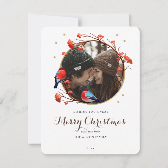 Cartão De Festividades Foto de Natal de Robin Birds Berries (Frente)