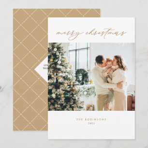 Cartão De Festividades Foto de Natal de Script Elegante Branco Dourado m