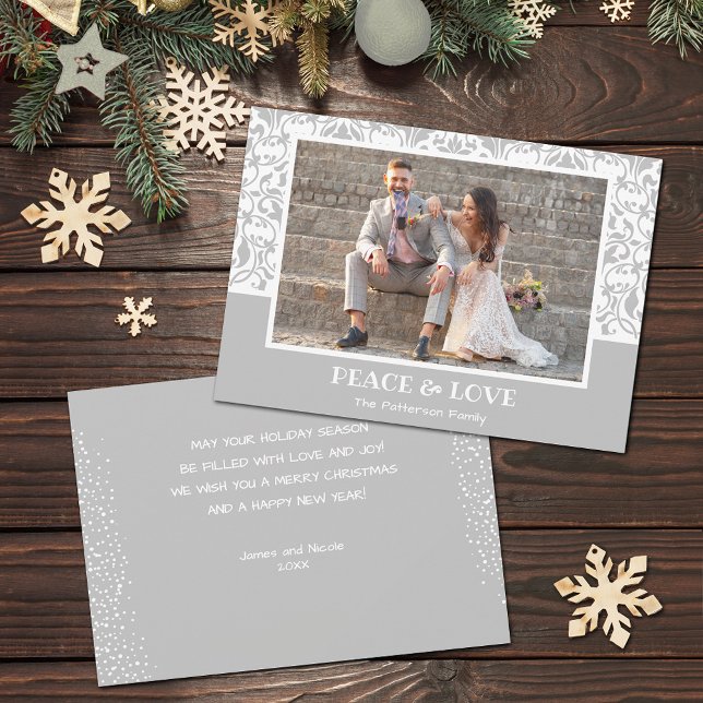 Cartão De Festividades Foto de Natal de Silver e Damasco Branco (Silver grey and white damask design Christmas photo holiday cards, PRINTED and/or INSTANT DOWNLOAD)