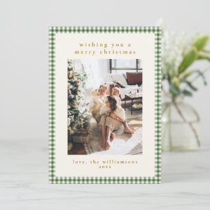 Cartão De Festividades Foto de Natal de Xadrez Gingham Verde e Bonita