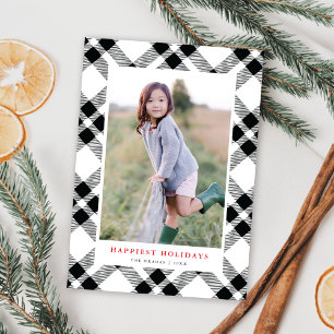 Cartão De Festividades Foto de Natal de Xadrez Preta e Branco Desenhada à