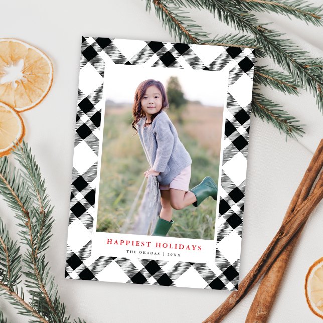 Cartão De Festividades Foto de Natal de Xadrez Preta e Branco Desenhada à (Criador carregado)