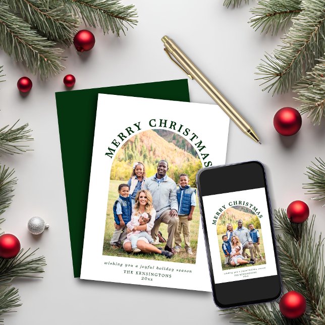 Cartão De Festividades Foto de Natal do Arch Verde Moderno (Modern Green Arch Christmas Holiday Photo Card)