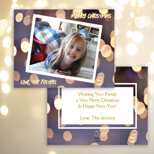 Cartão De Festividades Foto de Natal do Bokeh Azul e Dourado